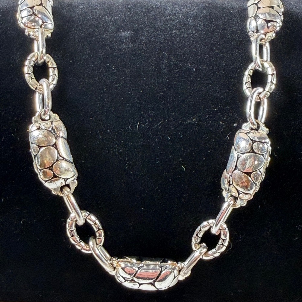 Silver Tone Chunky Link Necklace Textured Barrel Beads Statement Adjustable